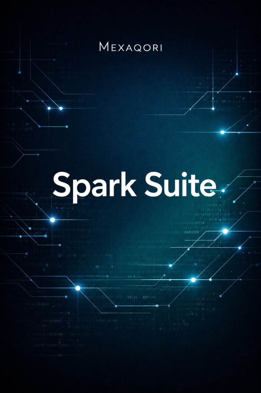 A dark blue and black digital cover design with glowing cyan circuit-like lines and the centered text 'Spark Suite,' with 'MEXAQORI' at the top.