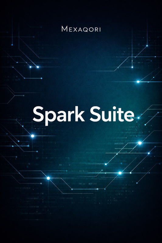 A dark blue and black digital cover design with glowing cyan circuit-like lines and the centered text 'Spark Suite,' with 'MEXAQORI' at the top.