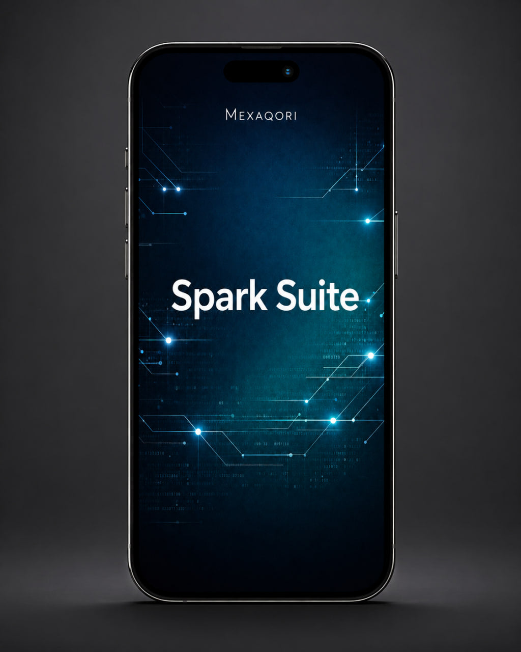 A smartphone centered on a dark gray background, displaying the MEXAQORI Spark Suite interface on its screen. The screen shows a dark blue and black tech-themed background with glowing blue circuit-like nodes and the white text 'Spark Suite'.