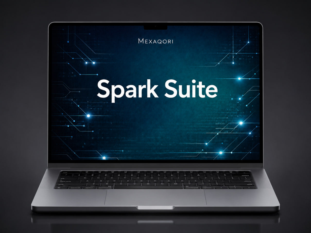 A silver laptop shown open against a dark studio background, with the screen displaying the text 'MEXAQORI Spark Suite' over a glowing blue tech-style graphic.