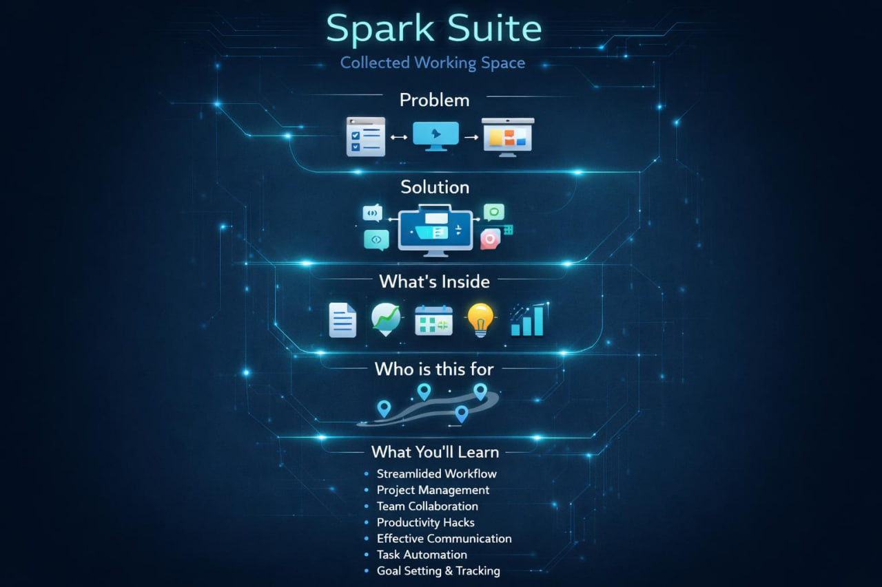 A digital infographic titled 'Spark Suite' on a dark blue background, showing a vertical flow from 'Problem' to 'Solution' to 'What's Inside' to 'Who is this for' and 'What You'll Learn' with various tech icons and circuit-like line graphics.