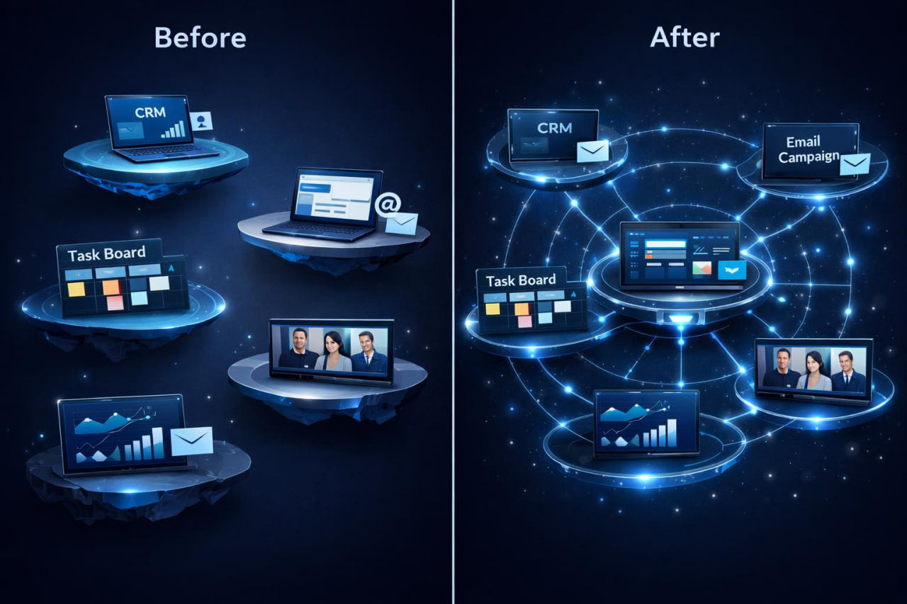 A digital infographic comparing a 'Before' state and 'After' state on a dark blue background. The left side shows isolated digital screens and icons labeled CRM, Task Board, and Email on floating platforms.