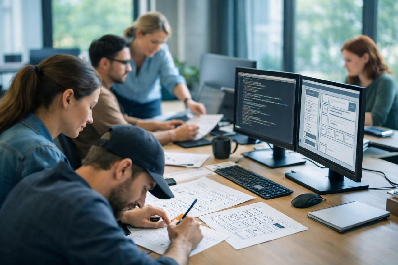 A group of developers and designers collaborating in a bright office space, working around dual computer monitors displaying code and UI designs on a wooden table.