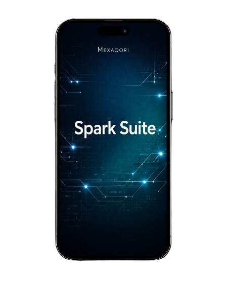 A black smartphone shown from the front on a plain white background, with the screen on and displaying the text 'Spark Suite' over a dark blue tech-style graphic. The word 'MEXAQORI' is visible near the top of the screen.