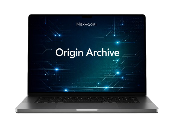 A silver laptop computer shown from the front, open and displaying a dark blue screen with circuit-like graphics and the text 'MEXAQORI Origin Archive'.