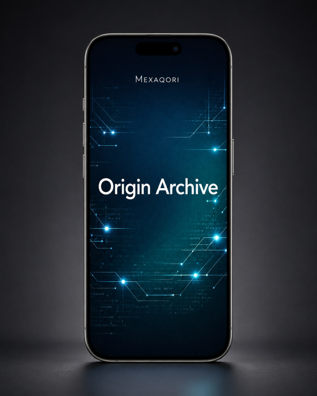 A smartphone shown from the back on a dark studio background, with a blue and black digital wallpaper on the screen reading 'Origin Archive' and the brand name 'MEXAQORI' near the top.