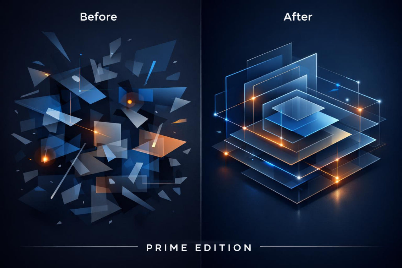 A dark promotional graphic with the words 'Before' and 'After' and 'PRIME EDITION' at the bottom. The left side shows a disordered abstract cluster of blue and gray geometric shards with small orange highlights.